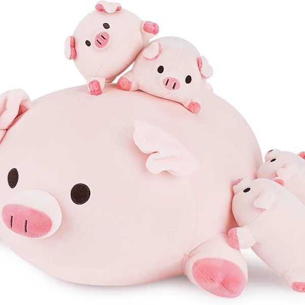 5-Piece Piggy Family Set — Mother pig with 4 baby pig plush toys; cute pig pillows/cushions; birthday gift for children and adults (16-inch Pig Family Set)