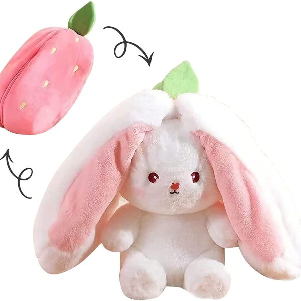 Reversible Carrot/Strawberry Rabbit Plush Toy — Zipper design allows switching between carrot/strawberry and rabbit shapes; cute decor and birthday gift for children and adults (7-inch Strawberry Style)