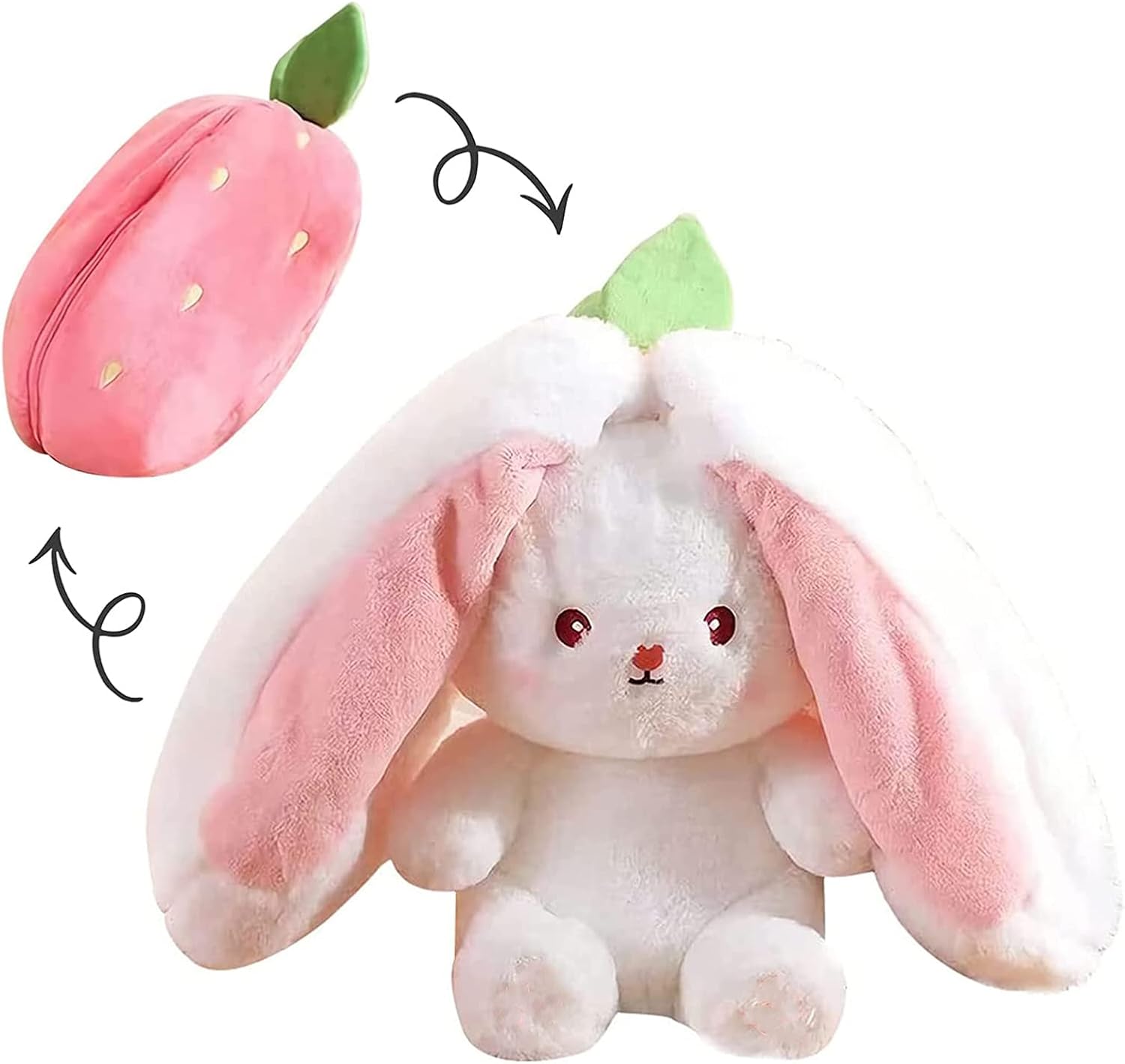 Reversible Carrot/Strawberry Rabbit Plush Toy — Zipper design allows switching between carrot/strawberry and rabbit shapes; cute decor and birthday gift for children and adults (7-inch Strawberry Style)