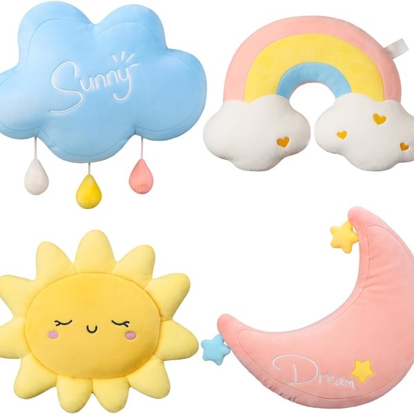 4-Piece Cloud, Rainbow, Moon, and Sun Shaped Pillow Set (17 inches) – Soft plush decorative cushions; ideal for home decor, gifts, and reading nook styling