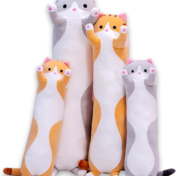 Cute Long Cat Body Pillow — Cartoon plush toy, soft and comfortable; a great gift for children and girls (Gray, 19 inches)