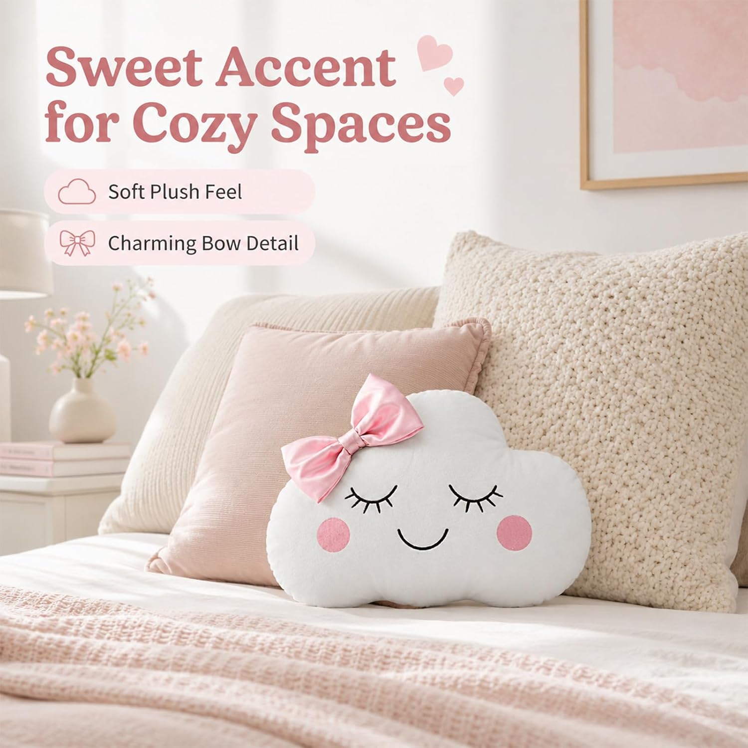 Cute Cloud Throw Pillow (Pink Bow Version) — Dutch velvet fabric, 13.8 × 8.7 inches; suitable for sofas, beds, chairs, or as a car headrest; soft plush home decor - Image 2