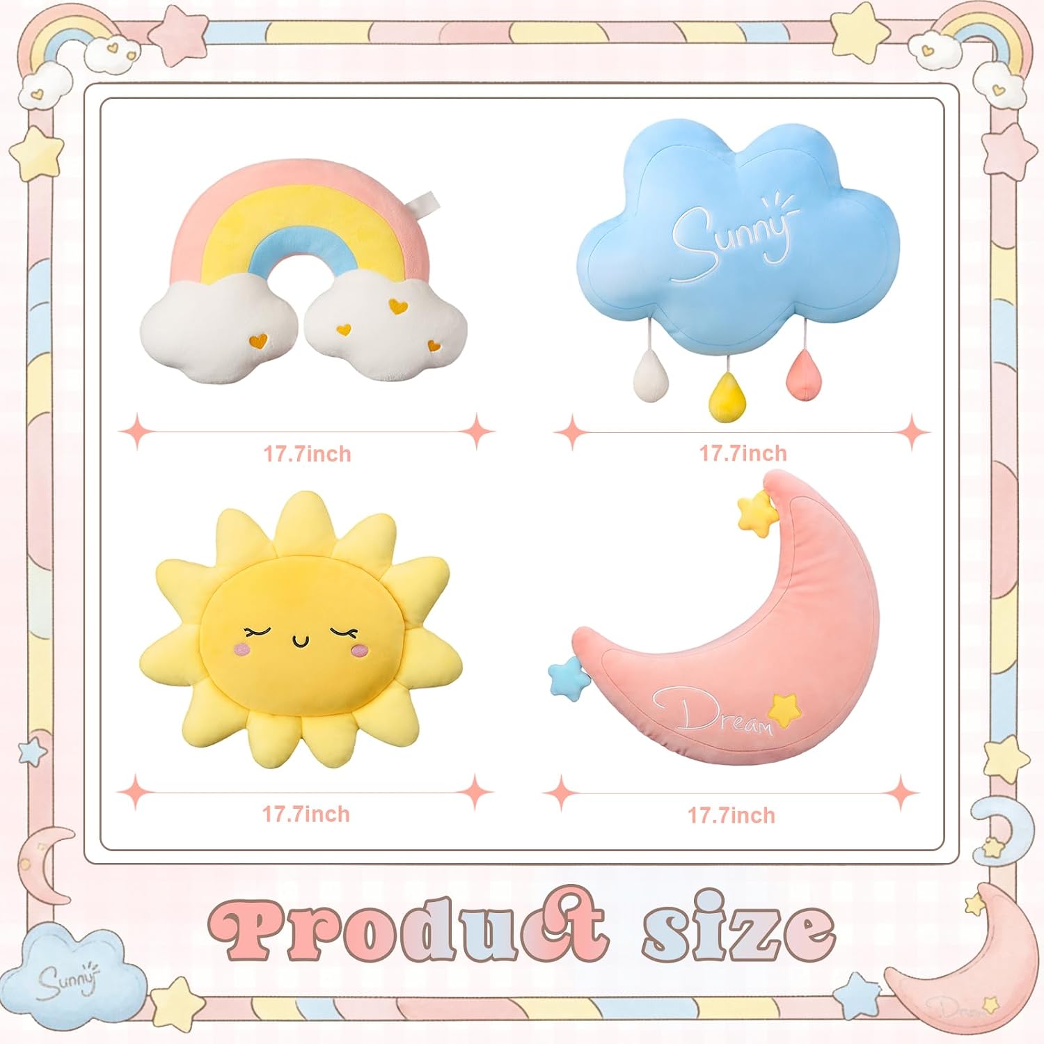4-Piece Cloud, Rainbow, Moon, and Sun Shaped Pillow Set (17 inches) – Soft plush decorative cushions; ideal for home decor, gifts, and reading nook styling - Image 2