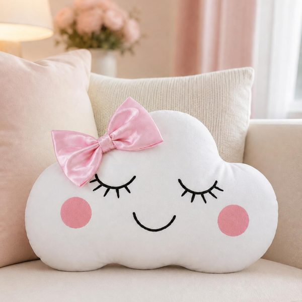 Cute Cloud Throw Pillow (Pink Bow Version) — Dutch velvet fabric, 13.8 × 8.7 inches; suitable for sofas, beds, chairs, or as a car headrest; soft plush home decor