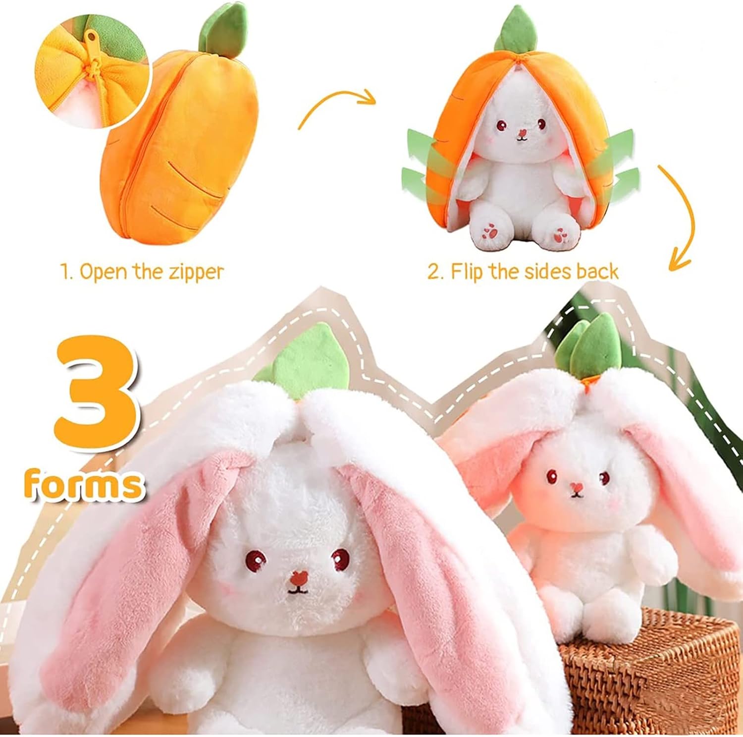 Reversible Carrot/Strawberry Rabbit Plush Toy — Zipper design allows switching between carrot/strawberry and rabbit shapes; cute decor and birthday gift for children and adults (7-inch Strawberry Style) - Image 2